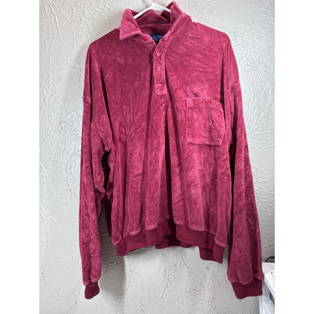 Vintage 80s Towncraft Velour Shirt Henley‎ Polo Sweater Pocket Burgundy Size 16